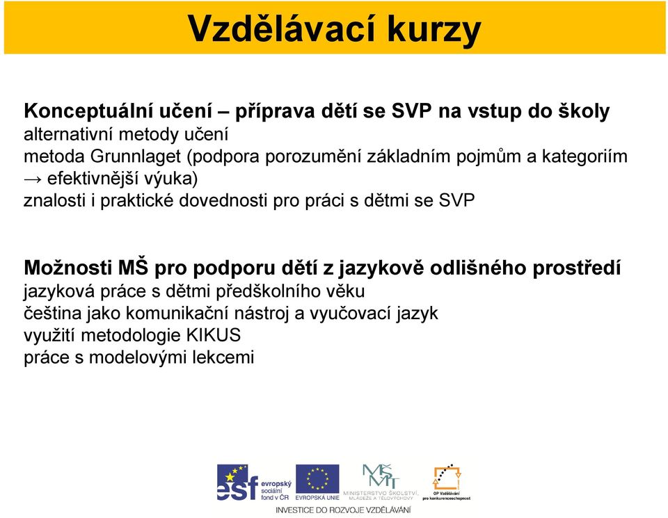 práci s dětmi se SVP Možnosti MŠ pro podporu dětí z jazykově odlišného prostředí jazyková práce s dětmi