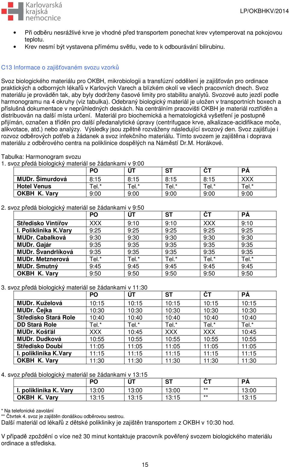 blízkém okolí ve všech pracovních dnech. Svoz materiálu je prováděn tak, aby byly dodrženy časové limity pro stabilitu analytů. Svozové auto jezdí podle harmonogramu na 4 okruhy (viz tabulka).