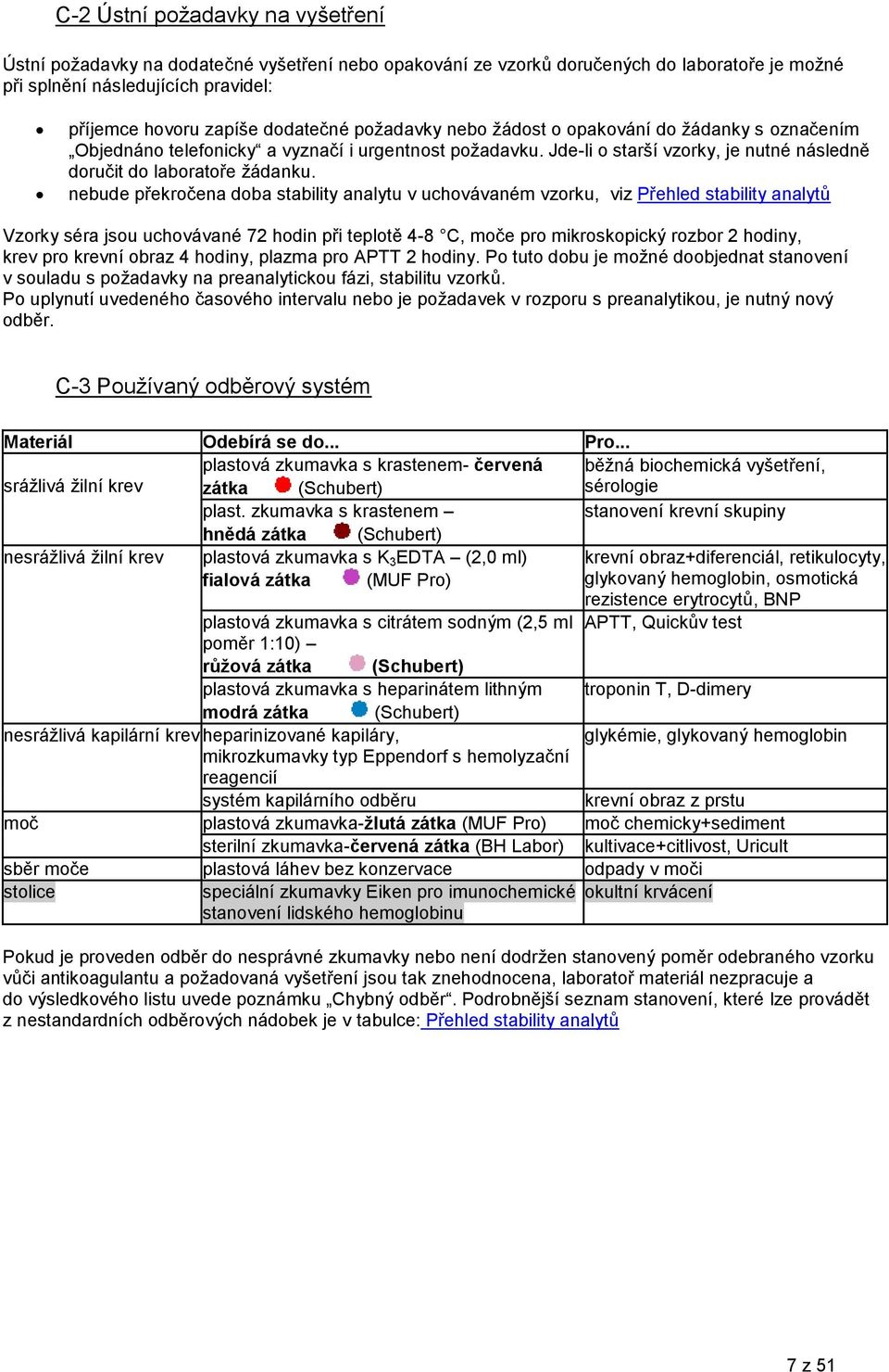 nebude překročena doba stability analytu v uchovávaném vzorku, viz Přehled stability analytů Vzorky séra jsou uchovávané 72 hodin při teplotě 4-8 C, moče pro mikroskopický rozbor 2 hodiny, krev pro