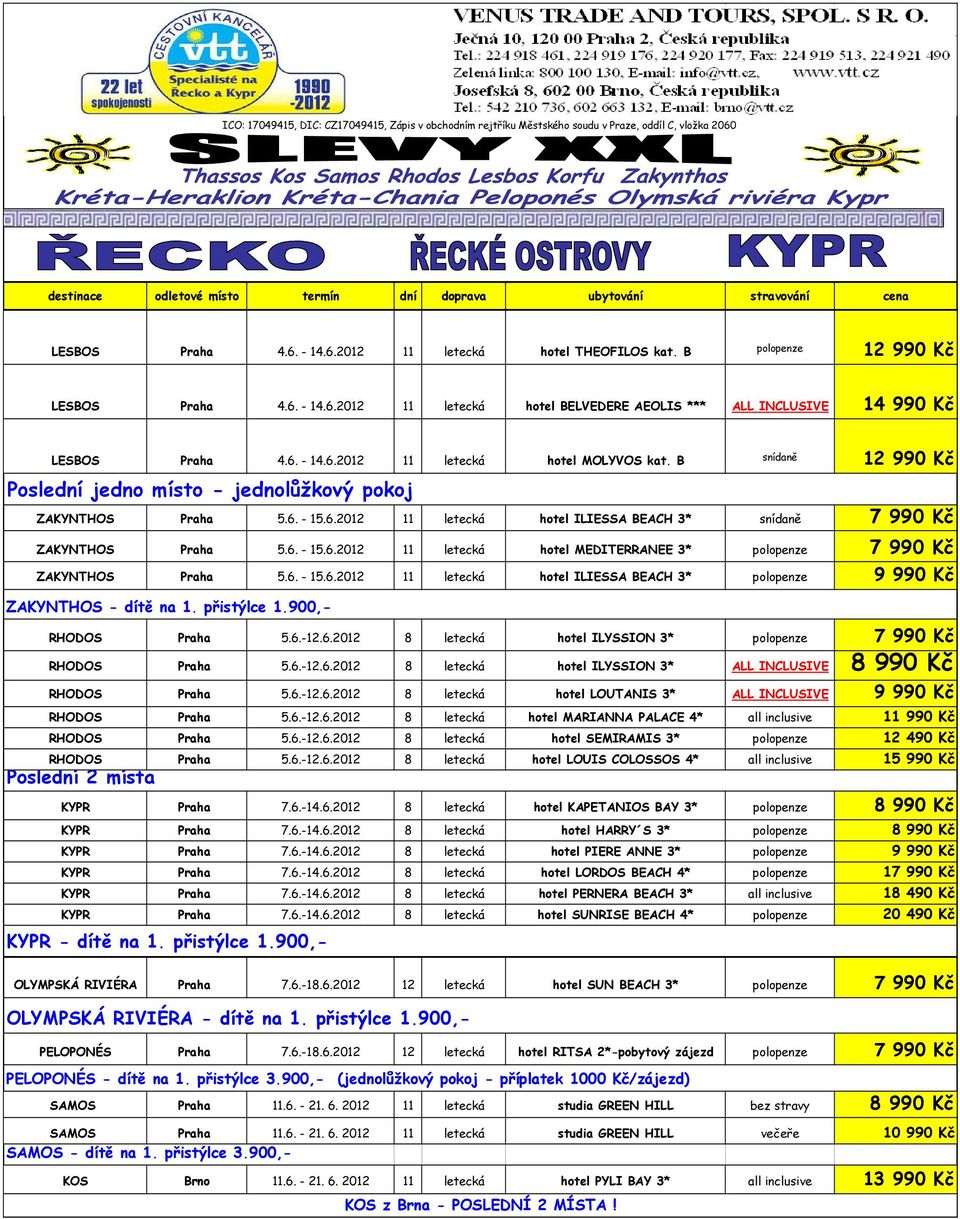 B snídaně 12 990 Kč Poslední jedno místo - jednolůžkový pokoj ZAKYNTHOS Praha 5.6. - 15.6.2012 11 letecká hotel ILIESSA BEACH 3* snídaně 7 990 Kč ZAKYNTHOS Praha 5.6. - 15.6.2012 11 letecká hotel MEDITERRANEE 3* polopenze 7 990 Kč ZAKYNTHOS Praha 5.