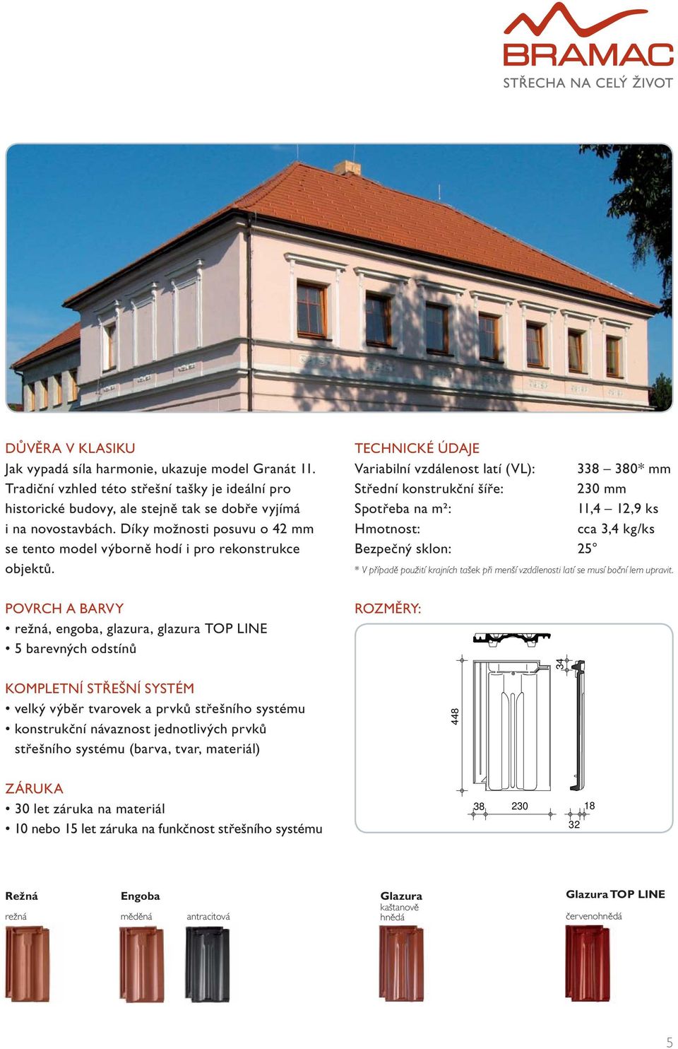 TECHNICKÉ ÚDAJE Variabilní vzdálenost latí (VL): 338 380* mm Střední konstrukční šíře: 230 mm Spotřeba na m²: 11,4 12,9 ks Hmotnost: cca 3,4 kg/ks Bezpečný sklon: 25 * V případě použití krajních