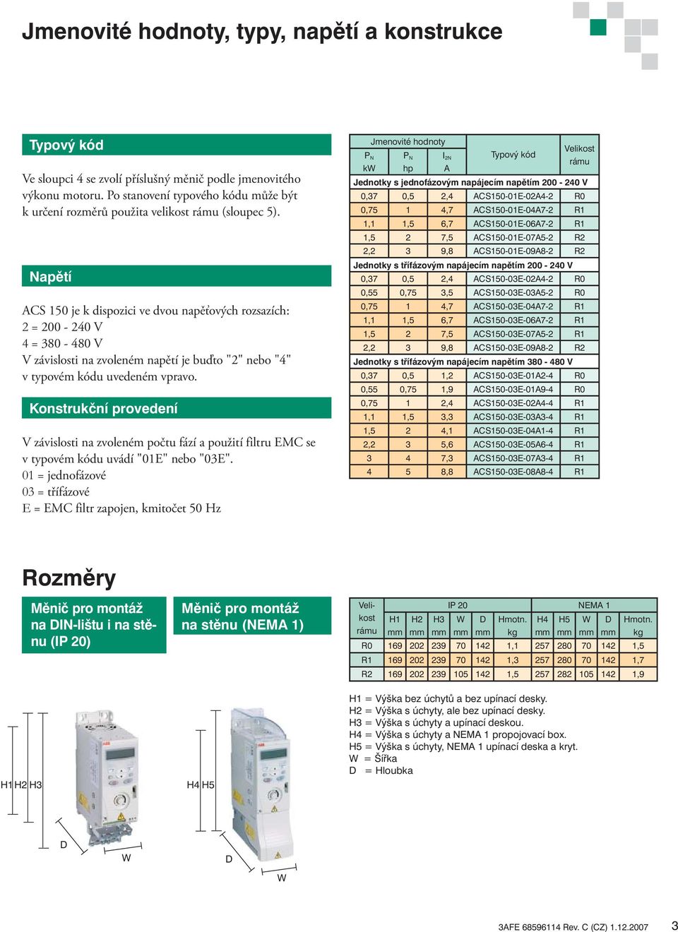 Napětí ACS 150 je k dispozici ve dvou napěťových rozsazích: 2 = 200-240 V 4 = 380-480 V V závislosti na zvoleném napětí je buďto "2" nebo "4" v typovém kódu uvedeném vpravo.