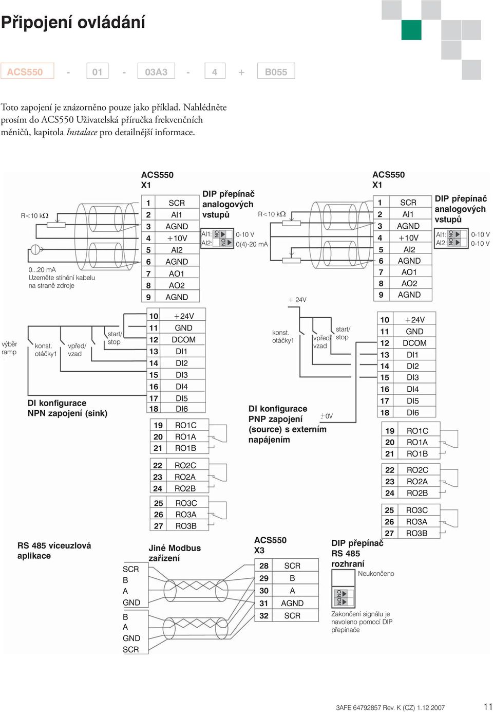 CS550 X1 DIP přepínač 1 SCR analogových R<10 kω 2 I1 vstupů R<10 kω 3 GND I1: 0-10 V 4 +10V I2: 0(4)-20 m 5 I2 6 GND 0.