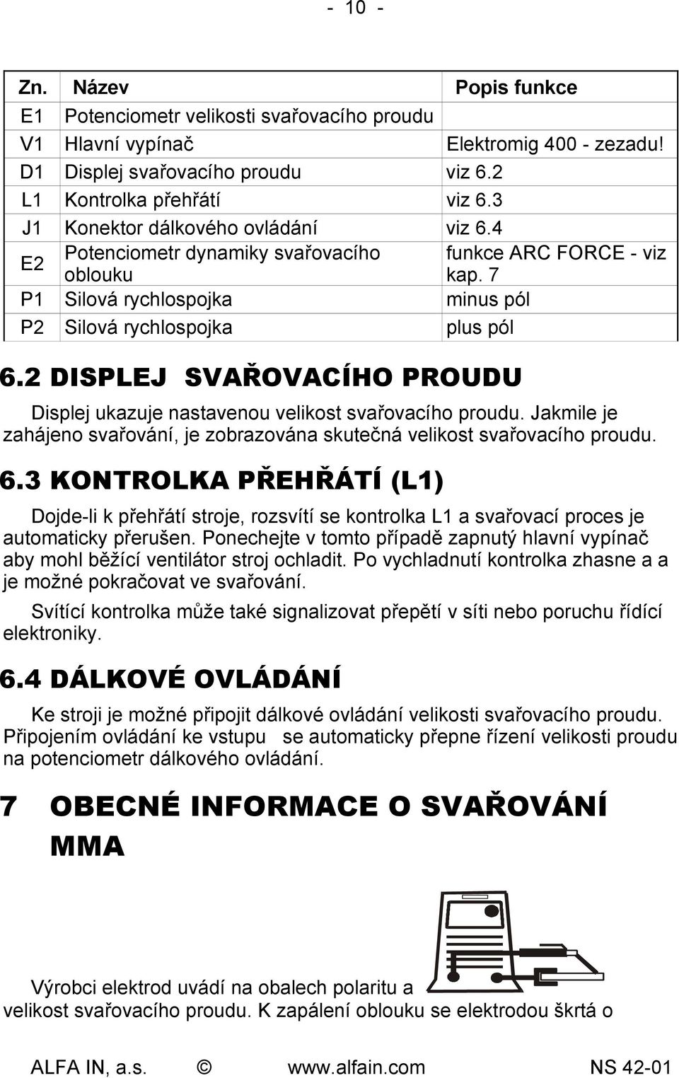 2 DISPLEJ SVAŘOVACÍHO PROUDU Displej ukazuje nastavenou velikost svařovacího proudu. Jakmile je zahájeno svařování, je zobrazována skutečná velikost svařovacího proudu. 6.