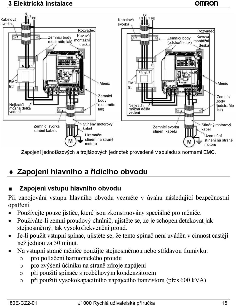 stínění na straně motoru Zemnící svorka stínění kabelu Zapojení jednofázových a trojfázových jednotek provedené v souladu s normami EMC.