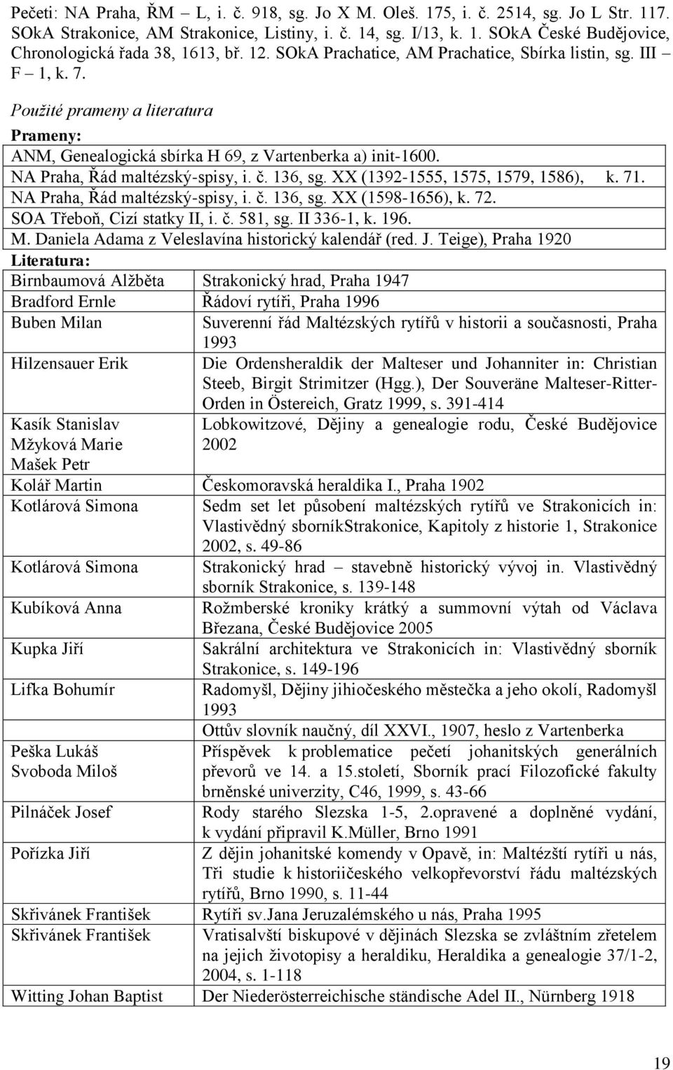 č. 136, sg. XX (1392-1555, 1575, 1579, 1586), k. 71. NA Praha, Řád maltézský-spisy, i. č. 136, sg. XX (1598-1656), k. 72. SOA Třeboň, Cizí statky II, i. č. 581, sg. II 336-1, k. 196. M.