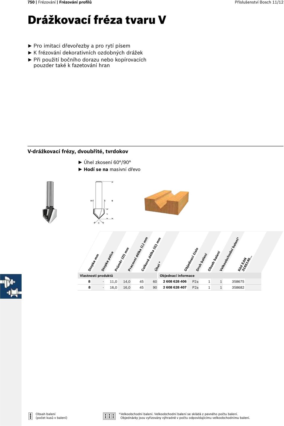 V-drážkovací frézy, dvoubřité, tvrdokov Úhel zkosení 60 /90 Hodí se na masivní dřevo Stopka palce Úhel 8-11,0 14,0 45 60 2 608