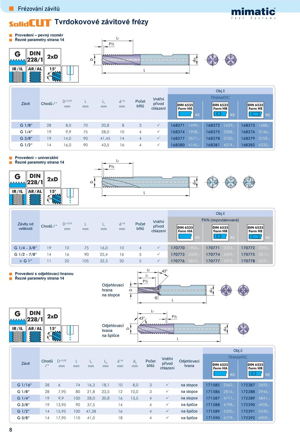 Provedení univerzální G 228/1 IR / I AR / A 15 Závity od velikosti Chodů / 1 FKN (nepovlakované) G 1/4-3/8 19 10 75 16,0 10 4 P 170770 1905,- 170771 2035,- 170772 2093,- G 1/2-7/8 14 16 90 25,4 16 5