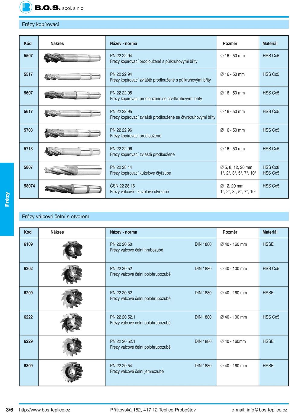 prodloužené 5713 PN 22 22 96 16-50 mm kopírovací zvláště prodloužené 5807 PN 22 28 14 5, 8, 12, 20 mm HSS Co8 kopírovací kuželové čtyřzubé 1, 2, 3, 5, 7, 10 58074 ČSN 22 28 16 12, 20 mm válcové -