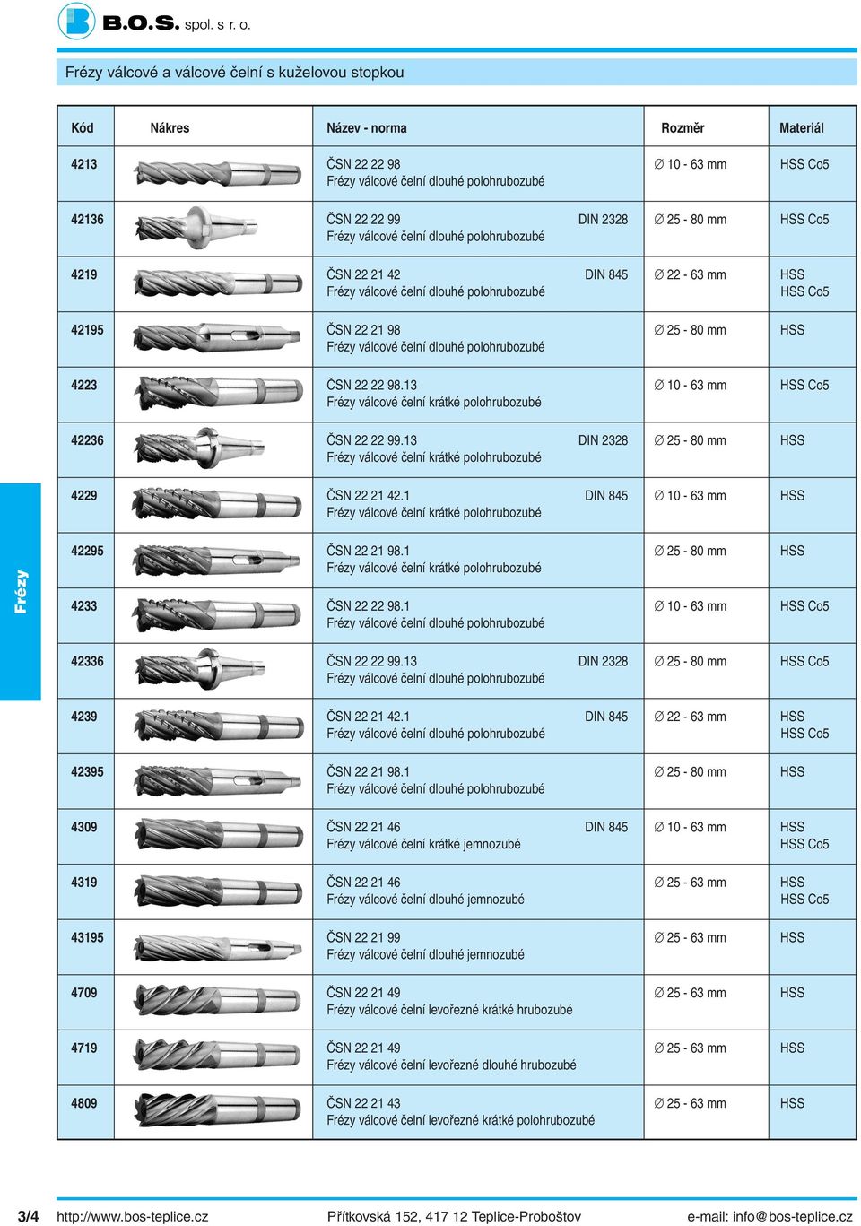 13 10-63 mm válcové čelní krátké polohrubozubé 42236 ČSN 22 22 99.13 IN 2328 25-80 mm HSS válcové čelní krátké polohrubozubé 4229 ČSN 22 21 42.