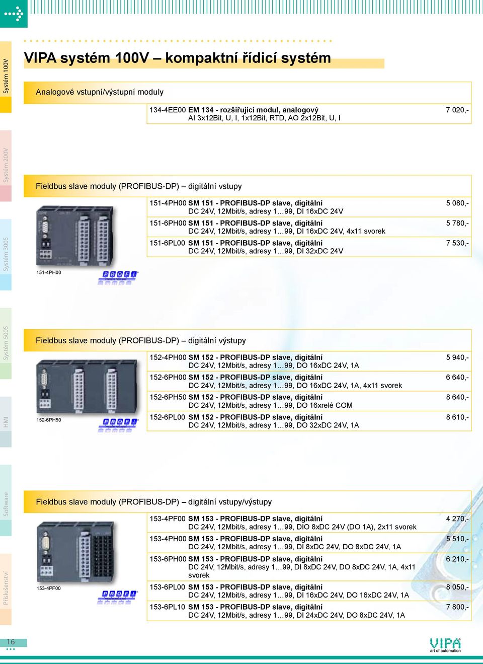 PROFIBUS-DP slave, digitální DC 24V, 12Mbit/s, adresy 1 99, DI 16xDC 24V, 4x11 svorek 151-6PL00 SM 151 - PROFIBUS-DP slave, digitální DC 24V, 12Mbit/s, adresy 1 99, DI 32xDC 24V 152-4PH00 SM 152 -