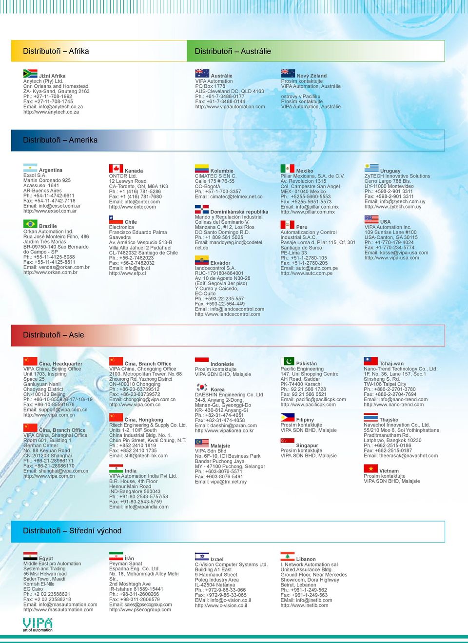 com Nový Zéland Prosím kontaktujte VIPA Automation, Austrálie ostrovy v Pacifiku Prosím kontaktujte VIPA Automation, Austrálie Distributoři Amerika Argentina Exsol S.A. Martin Coronado 925 Acassuso, 1641 AR-Buenos Aires Ph.
