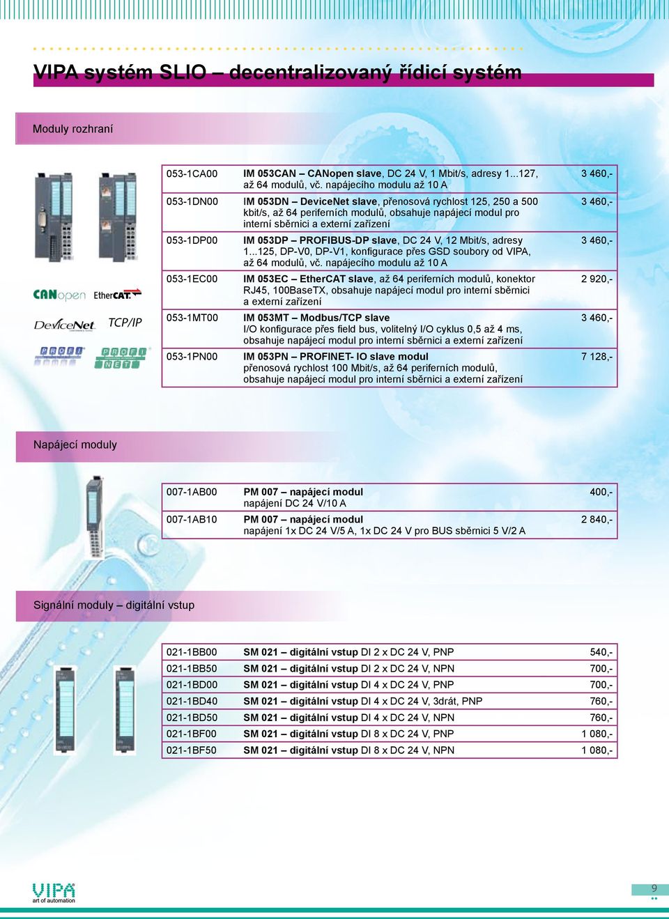 053-1DP00 IM 053DP PROFIBUS-DP slave, DC 24 V, 12 Mbit/s, adresy 1...125, DP-V0, DP-V1, konfigurace přes GSD soubory od VIPA, až 64 modulů, vč.