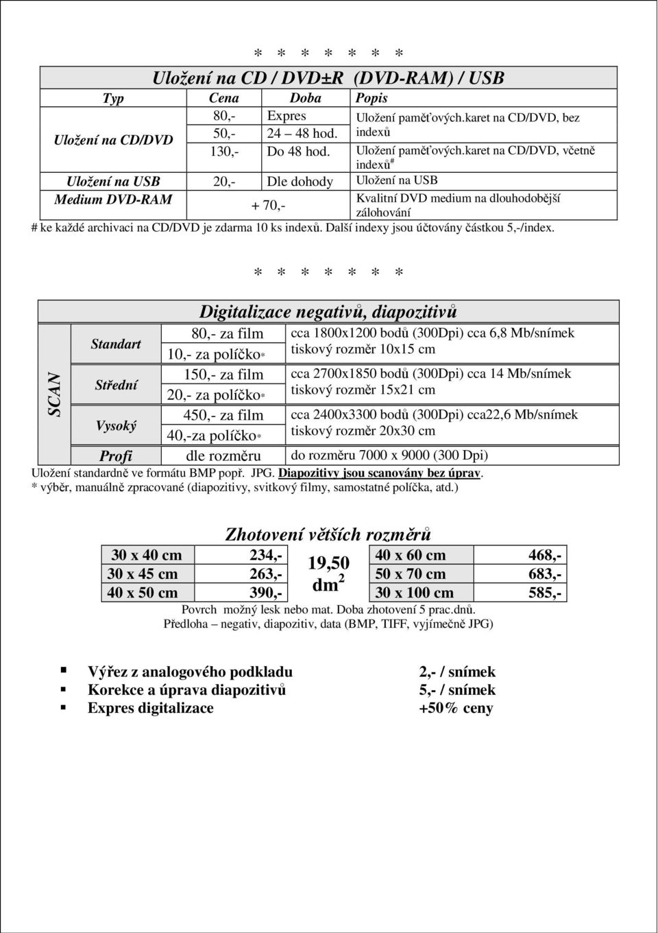 karet na CD/DVD, včetně indexů # Uložení na USB 20,- Dle dohody Uložení na USB Medium DVD-RAM Kvalitní DVD medium na dlouhodobější + 70,- zálohování # ke každé archivaci na CD/DVD je zdarma 10 ks