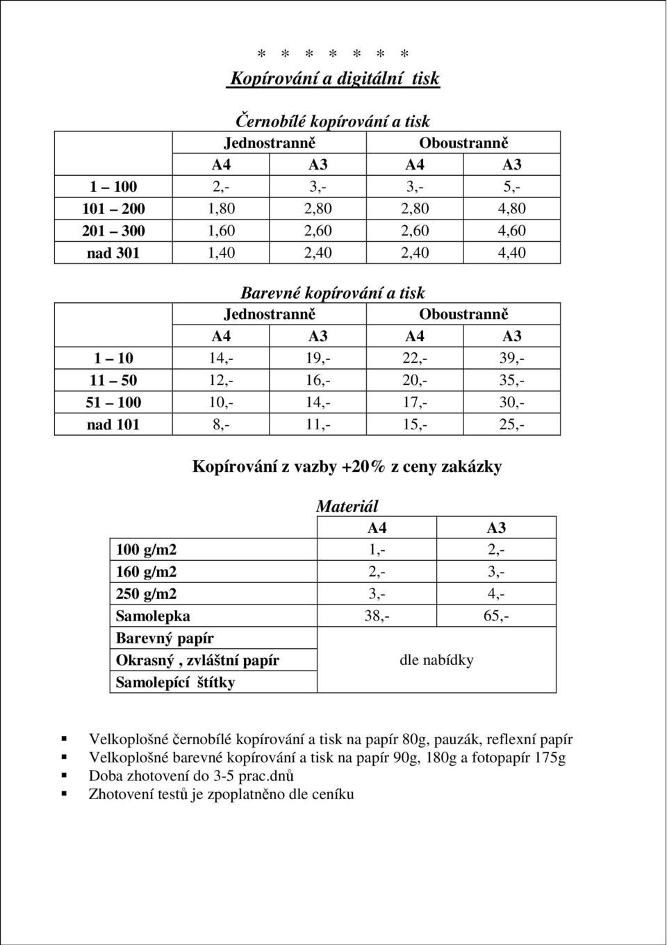 +20% z ceny zakázky Materiál A4 A3 100 g/m2 1,- 2,- 160 g/m2 2,- 3,- 250 g/m2 3,- 4,- Samolepka 38,- 65,- Barevný papír Okrasný, zvláštní papír dle nabídky Samolepící štítky Velkoplošné černobílé