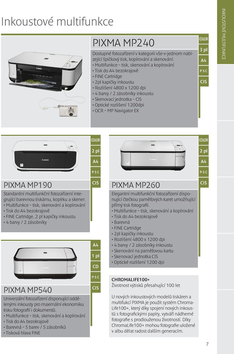 1200dpi OCR MP Navigator EX 3 pl CIS Inkoustové multifunkce 2 pl 2 pl PIXMA MP190 Standardní multifunkční fotozařízení integrující barevnou tiskárnu, kopírku a skener.