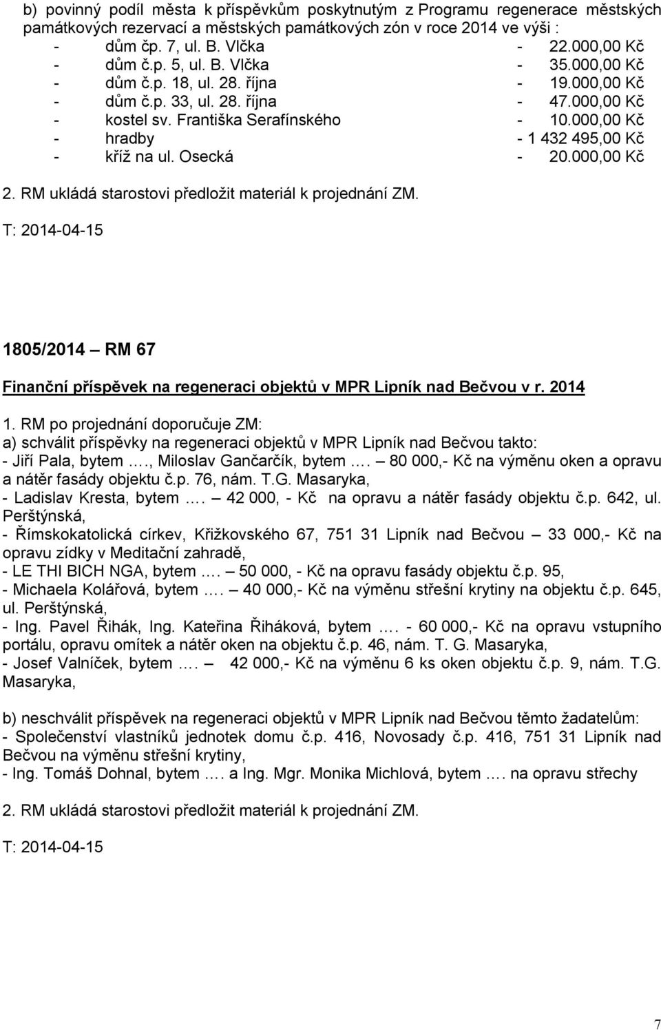 000,00 Kč - hradby - 1 432 495,00 Kč - kříž na ul. Osecká - 20.000,00 Kč 2. RM ukládá starostovi předložit materiál k projednání ZM.