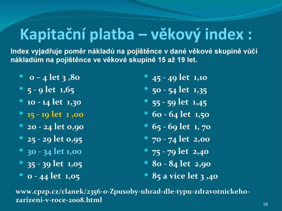 0 4 let 3,80 5-9 let 1,65 10-14 let 1,30 15-19 let 1,00 20-24 let 0,90 25-29 let 0,95 30-34 let 1,00 35-39 let 1,05 0-44 let 1,05