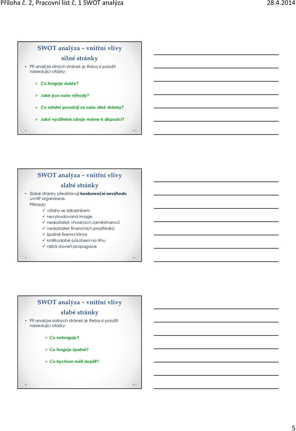 13 SWOT analýza vnitřní vlivy slabé stránky Slabé stránky představují konkurenční nevýhodu uvnitř organizace.