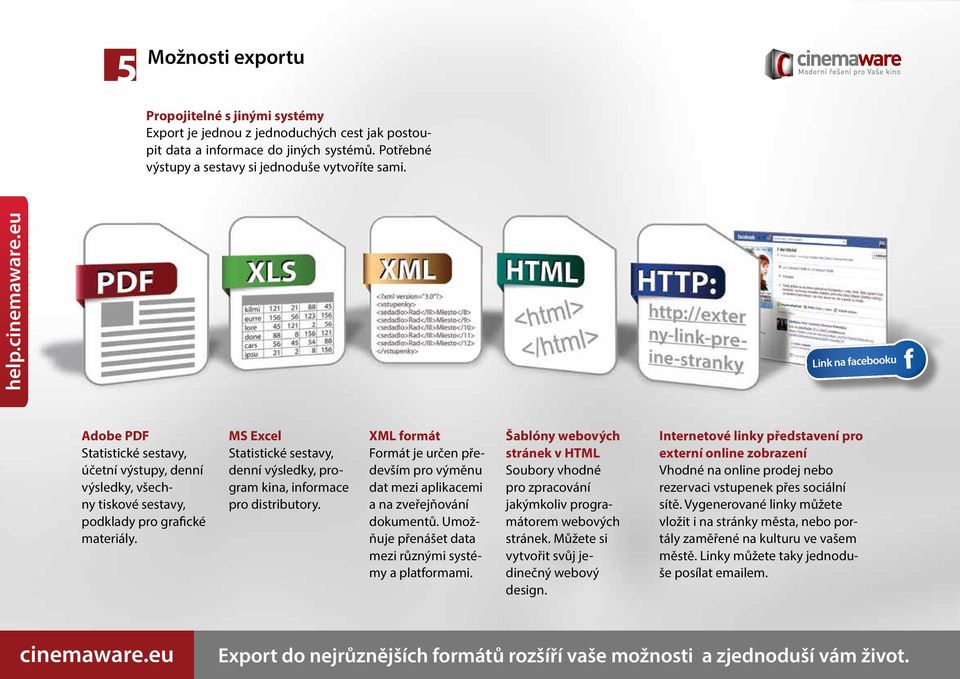 MS Excel Statistické sestavy, denní výsledky, program kina, informace pro distributory. XML formát Formát je určen především pro výměnu dat mezi aplikacemi a na zveřejňování dokumentů.