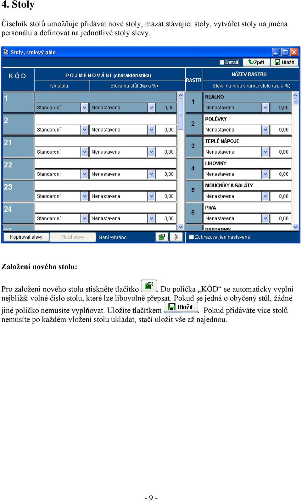 Do políčka KÓD se automaticky vyplní nejbližší volné číslo stolu, které lze libovolně přepsat.