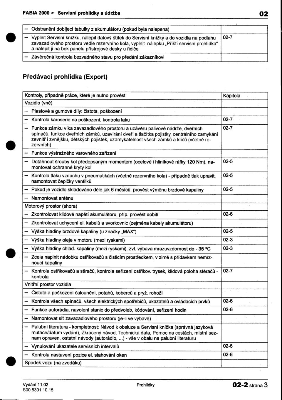 pøedání zákazníkovi Pøedávací prohlídka (Export) zevnitø Kontroly, prípadnì práce, které je nutno provést Vozidlo (vnì) -Plastové a gumové díly: èistota, poškození -Kontrola karoserie na poškození,