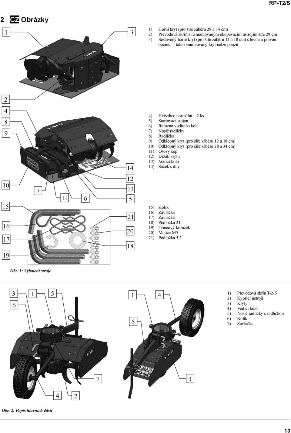 ) 5) 6) 7) 8) 9) 0) ) ) ) ) Hvězdice normální ks Startovací stojan Rameno vodicího kola Nosič radličky Radlička Odklopný kryt (pro šíře záběru a 8 cm) Odklopný kryt (pro šíře záběru 8 a