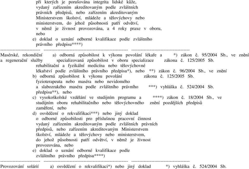 zákon č. 95/2004 Sb., ve znění a regenerační služby specializovaná způsobilost v oboru specializace zákona č. 125/2005 Sb.