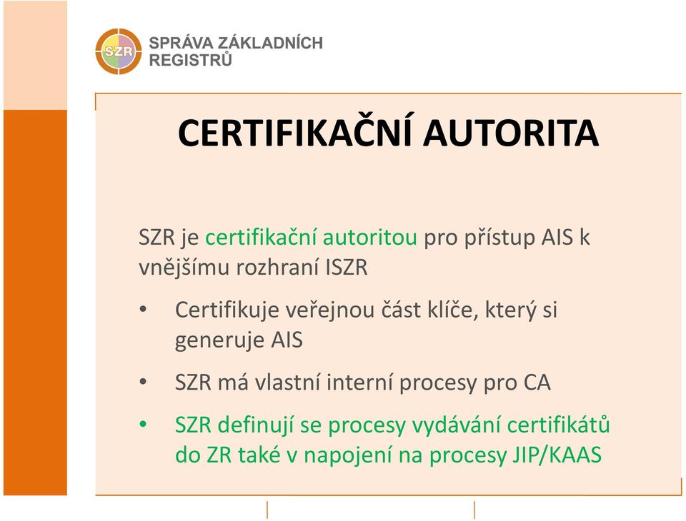 generuje AIS SZR má vlastní interní procesy pro CA SZR definují se