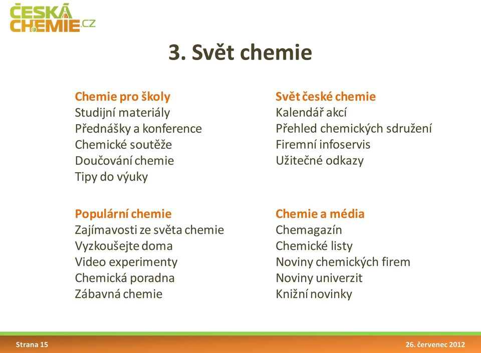 chemie Svět české chemie Kalendář akcí Přehled chemických sdružení Firemní infoservis Užitečné odkazy Chemie a