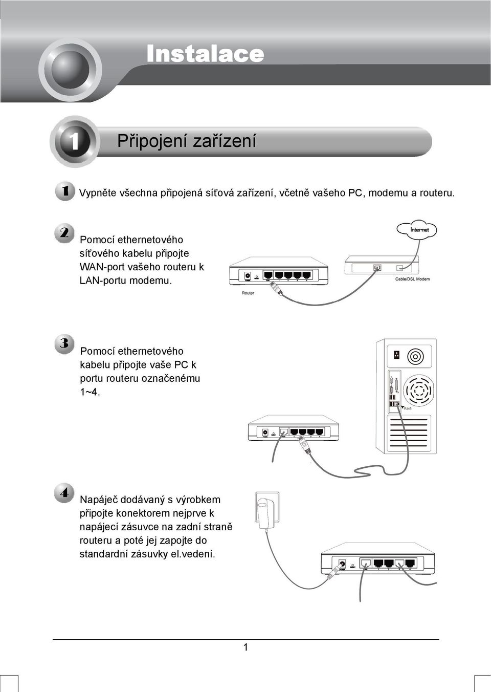 Pomocí ethernetového kabelu připojte vaše PC k portu routeru označenému 1~4.