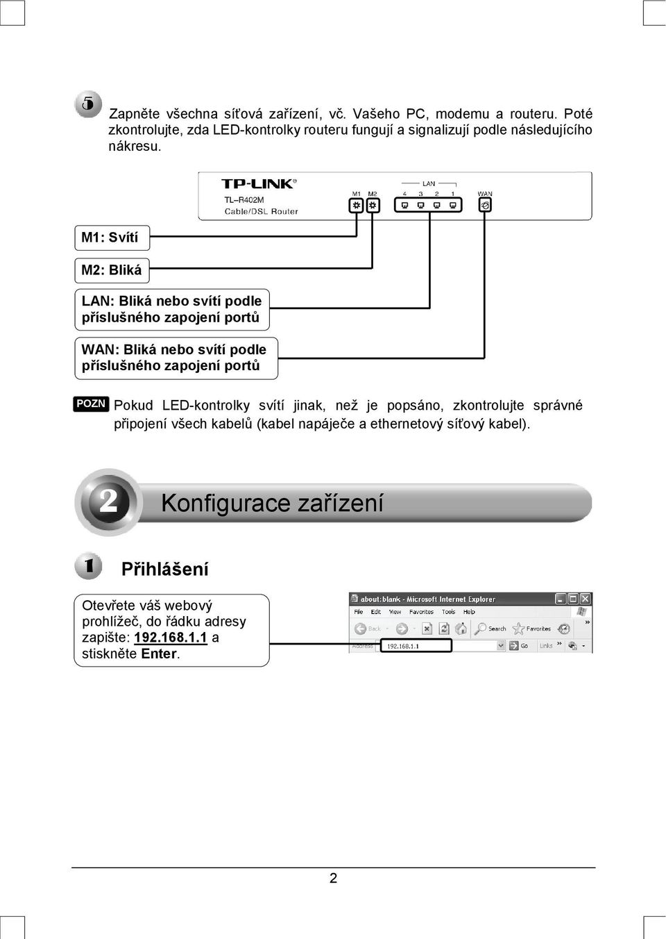 M1: Svítí M2: Bliká LAN: Bliká nebo svítí podle příslušného zapojení portů WAN: Bliká nebo svítí podle příslušného zapojení portů POZN