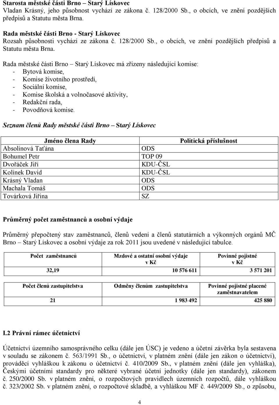 Rada městské části Brno Starý Lískovec má zřízeny následující komise: - Bytová komise, - Komise ţivotního prostředí, - Sociální komise, - Komise školská a volnočasové aktivity, - Redakční rada, -