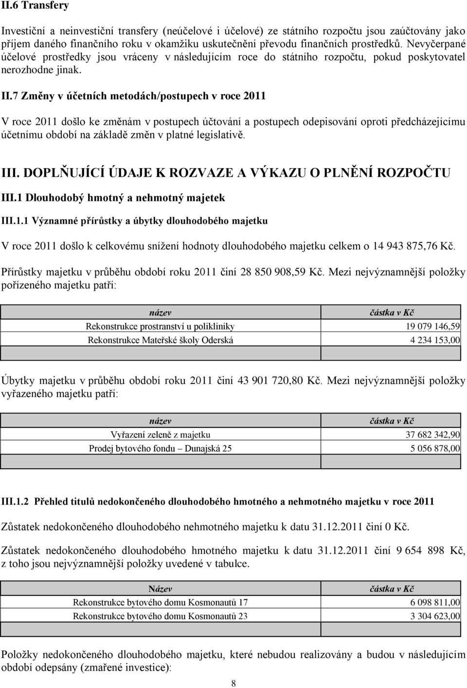 7 Změny v účetních metodách/postupech v roce 2011 V roce 2011 došlo ke změnám v postupech účtování a postupech odepisování oproti předcházejícímu účetnímu období na základě změn v platné legislativě.