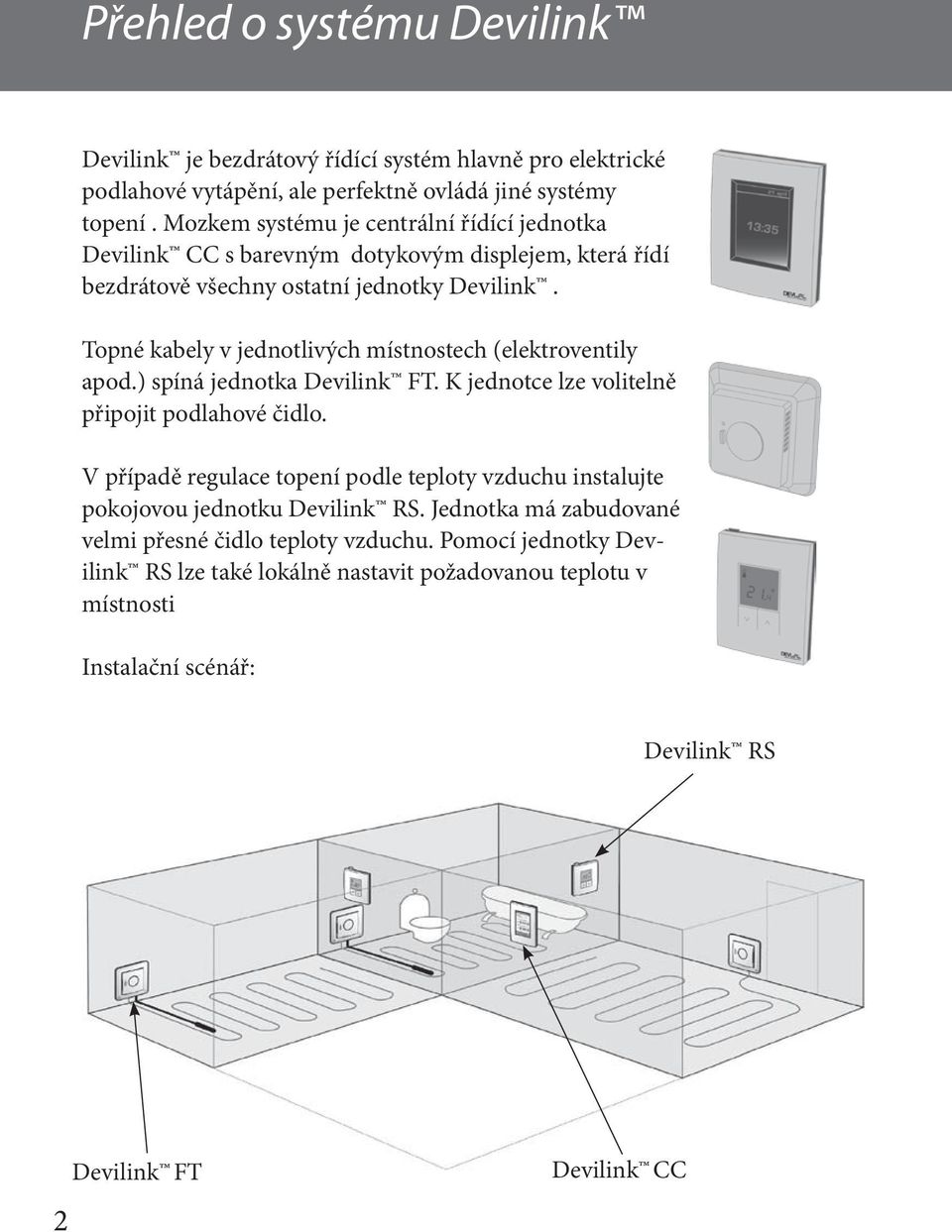 Topné kabely v jednotlivých místnostech (elektroventily apod.) spíná jednotka Devilink FT. K jednotce lze volitelně připojit podlahové čidlo.