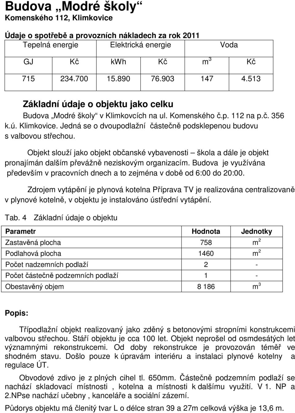 Jedná se o dvoupodlažní částečně podsklepenou budovu s valbovou střechou. Objekt slouží jako objekt občanské vybavenosti škola a dále je objekt pronajímán dalším převážně neziskovým organizacím.