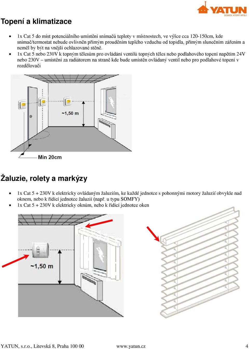 1x Cat 5 nebo 230V k topným tělesům pro ovládání ventilů topných těles nebo podlahového topení napětím 24V nebo 230V umístění za radiátorem na straně kde bude umístěn ovládaný ventil nebo pro