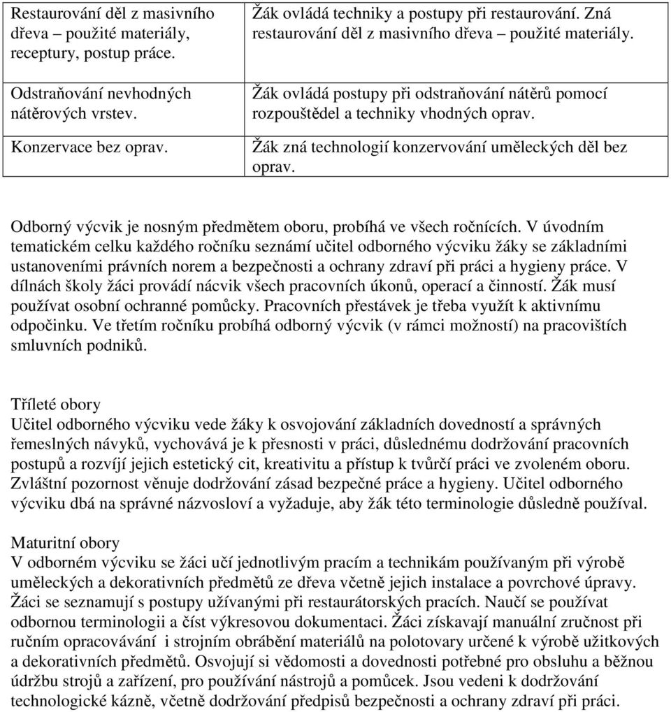 Žák zná technologií konzervování uměleckých děl bez oprav. Odborný výcvik je nosným předmětem oboru, probíhá ve všech ročnících.