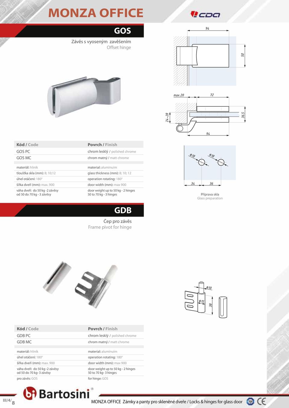 3 hinges 10 38 50 max.20 72 24-28 36.5 94 18 18 GDB Čep pro závěs Frame pivot for hinge 34 36 15 GDB PC GDB MC materiál: hliník úhel otáčení: 180 o šířka dveří (mm): max.