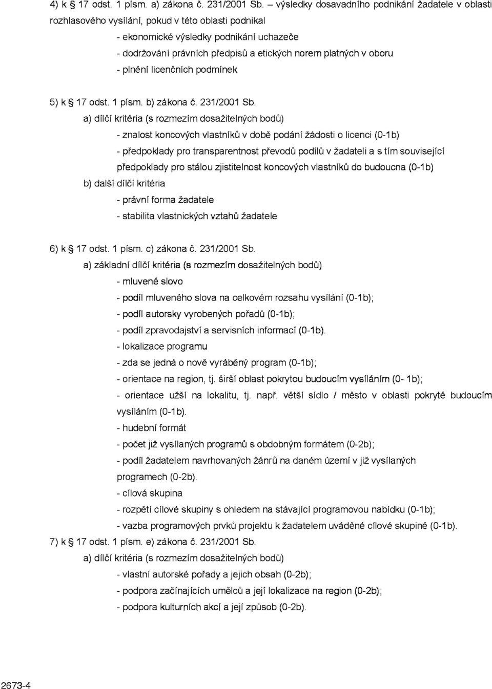 platných v oboru - plnění licenčních podmínek 5) k 17 odst. 1 písm. b) zákona č. 231/2001 Sb.