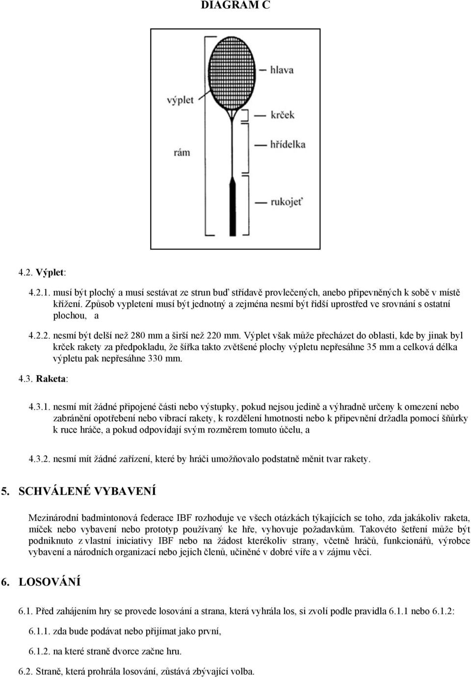 Výplet však může přecházet do oblasti, kde by jinak byl krček rakety za předpokladu, že šířka takto zvětšené plochy výpletu nepřesáhne 35 mm a celková délka výpletu pak nepřesáhne 330 mm. 4.3. Raketa: 4.