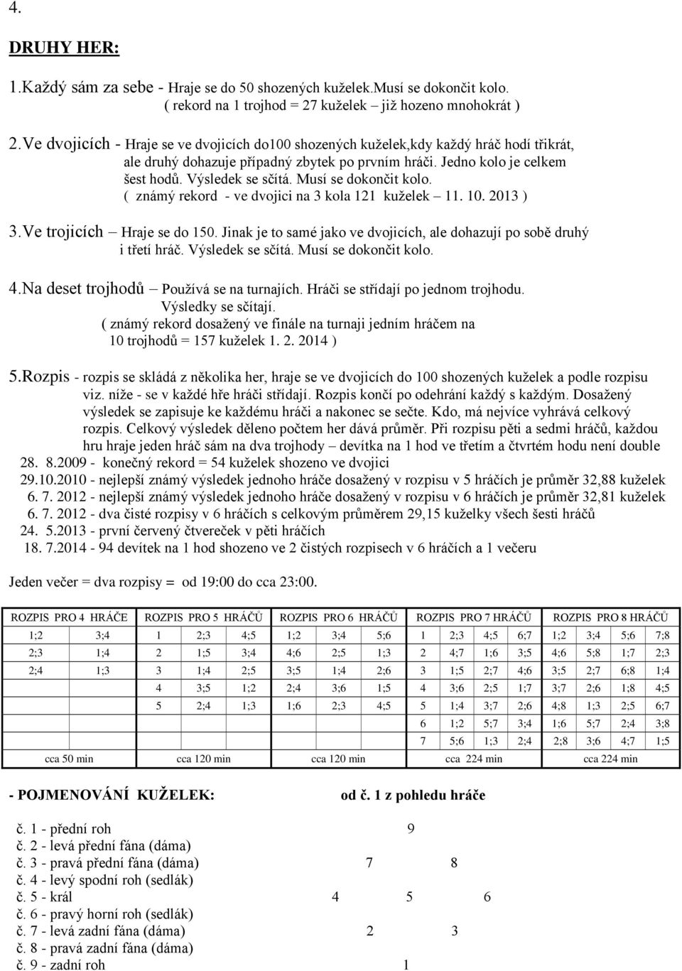 Musí se dokončit kolo. ( známý rekord - ve dvojici na 3 kola 121 kuželek 11. 10. 2013 ) 3.Ve trojicích Hraje se do 150. Jinak je to samé jako ve dvojicích, ale dohazují po sobě druhý i třetí hráč.