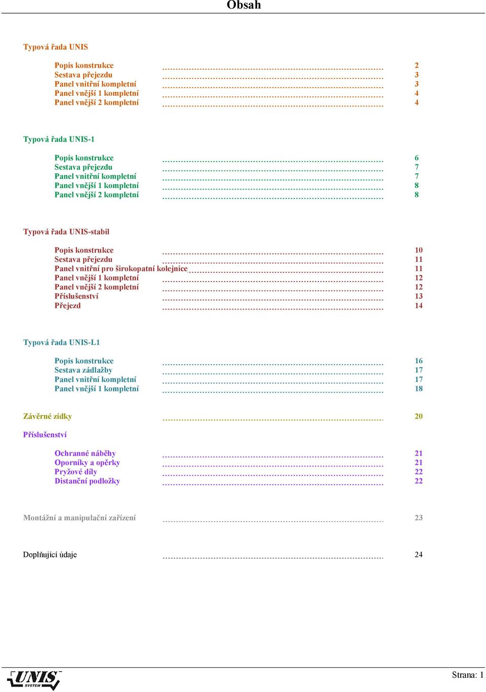 kolejnice 11 Panel vnější 1 kompletní 12 Panel vnější 2 kompletní 12 Příslušenství 13 Přejezd 14 Typová řada UNIS-L1 Popis konstrukce 16 Sestava zádlažby 17 Panel vnitřní kompletní 17