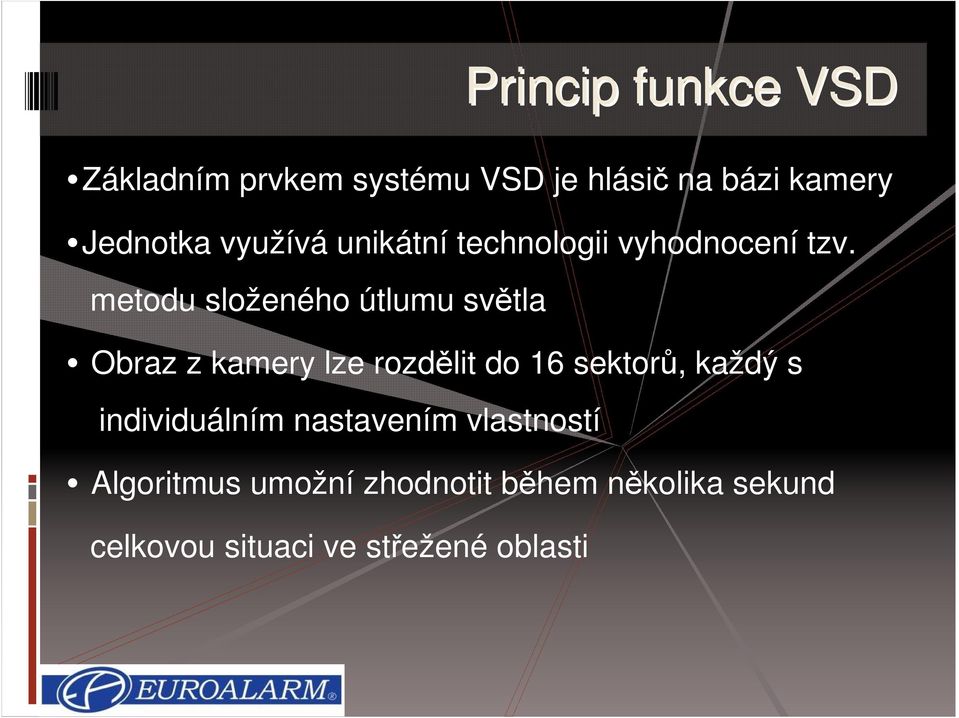 metodu složeného útlumu světla Obraz z kamery lze rozdělit do 16 sektorů, každý s