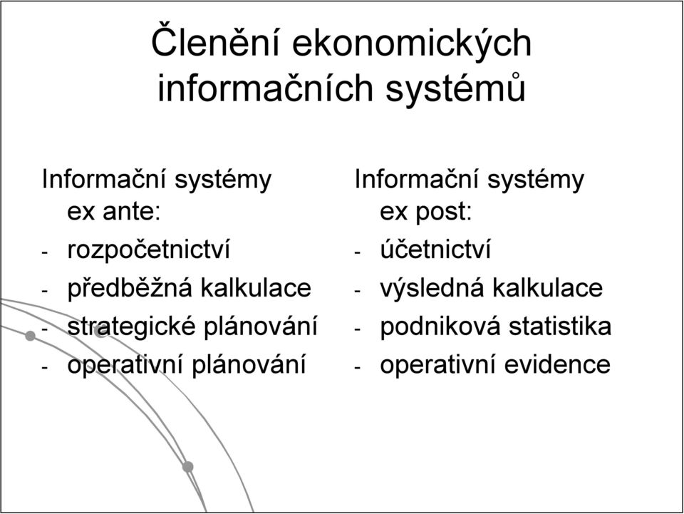 nování - operativní plánov nování Informační systémy ex post: -