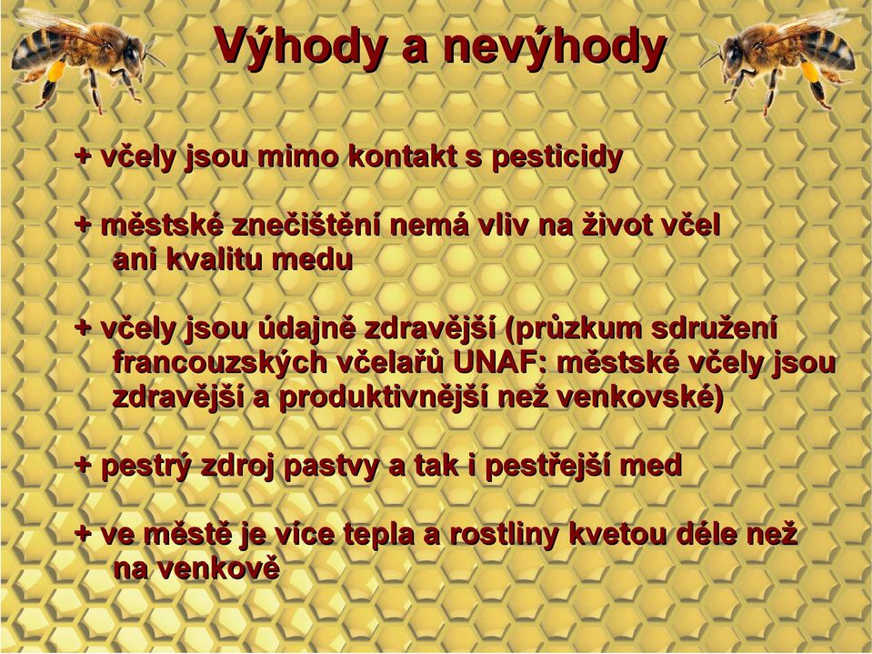 včelařů UNAF: městské včely jsou zdravější a produktivnější než venkovské) + pestrý zdroj