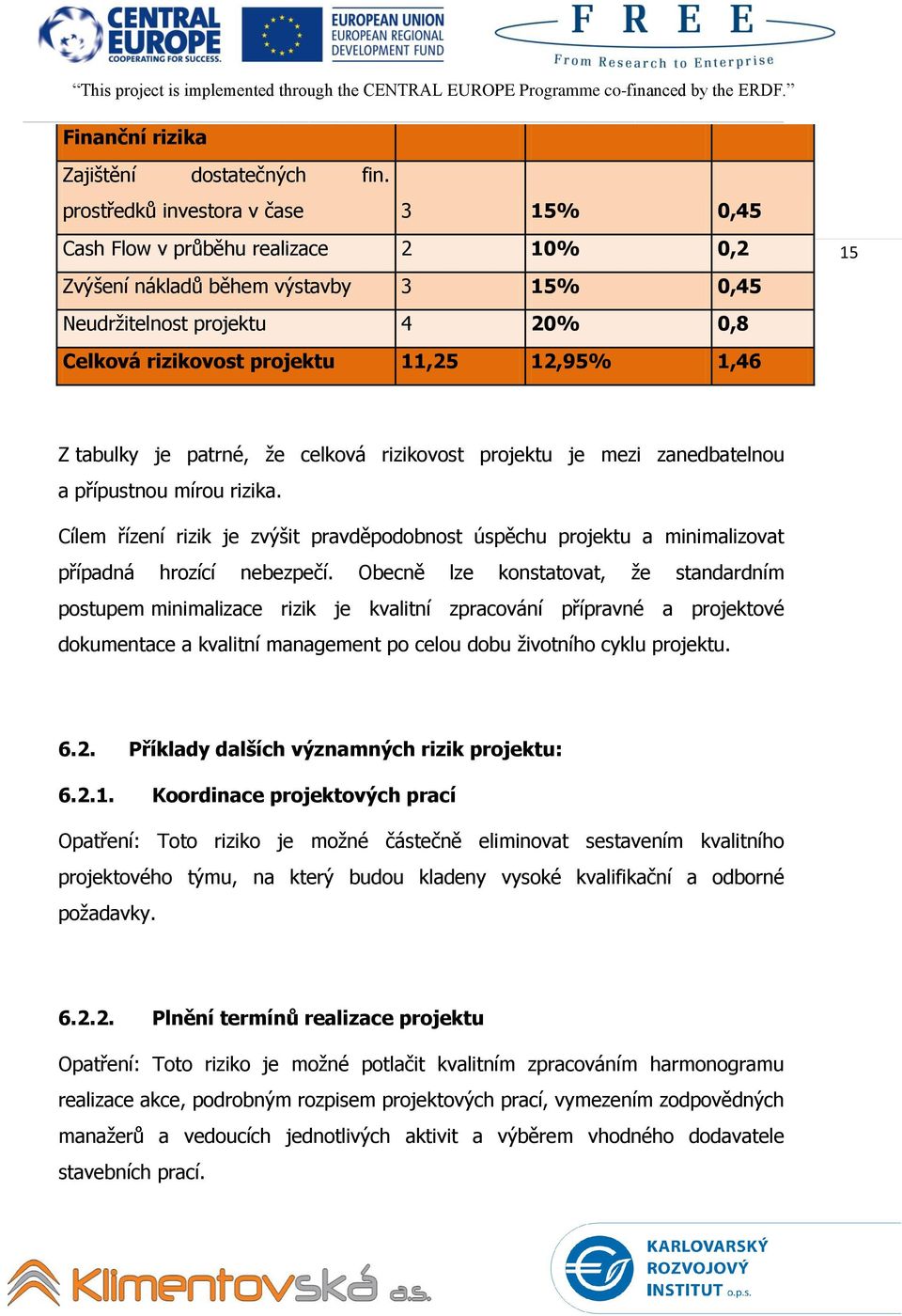 1,46 Z tabulky je patrné, že celková rizikovost projektu je mezi zanedbatelnou a přípustnou mírou rizika.