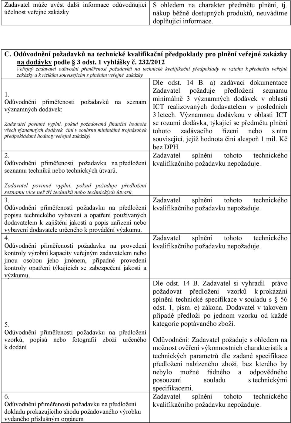 232/2012 Veřejný zadavatel odůvodní přiměřenost požadavků na technické kvalifikační předpoklady ve vztahu k předmětu veřejné zakázky a k rizikům souvisejícím s plněním veřejné zakázky Odůvodnění