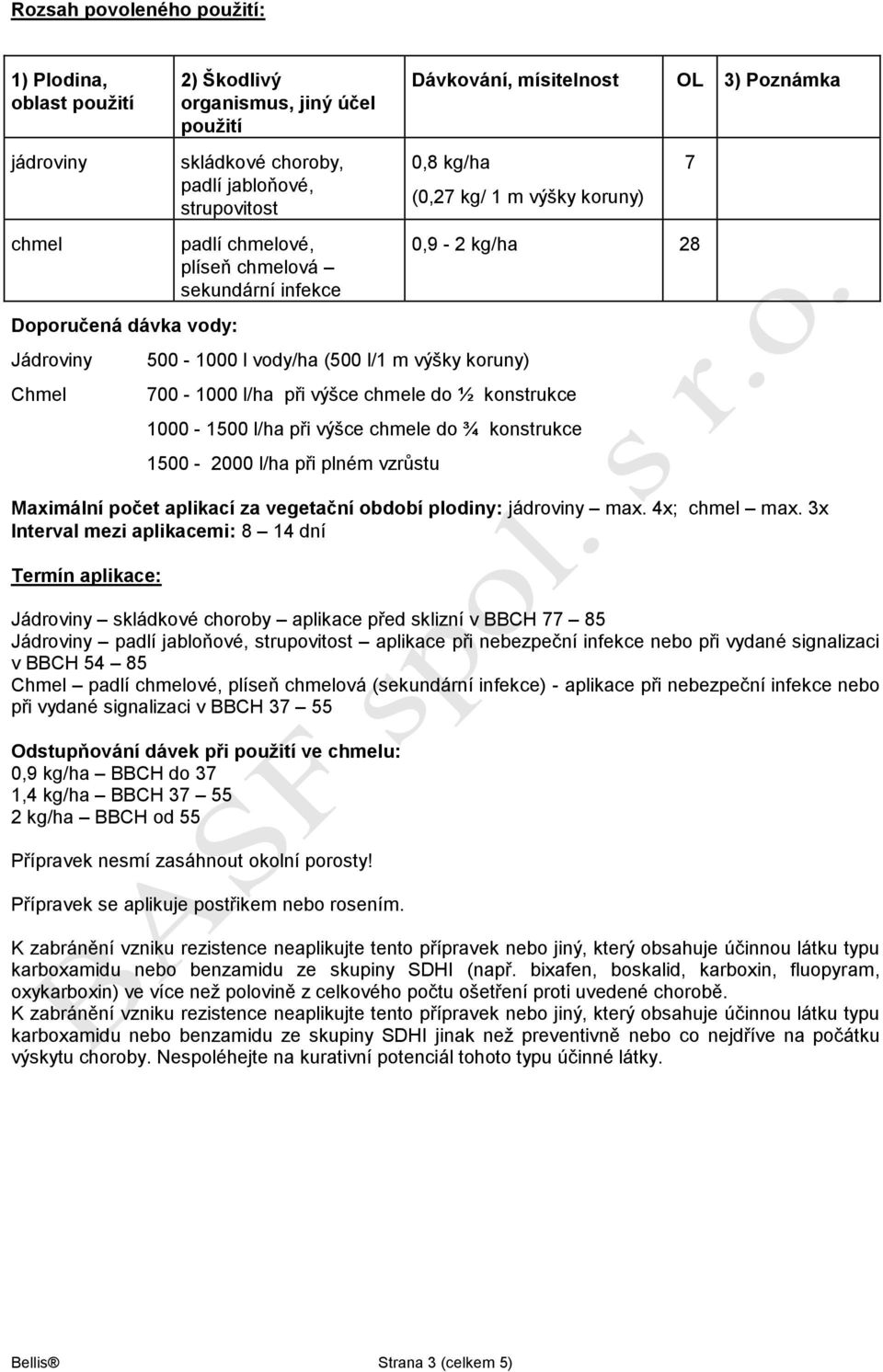 při výšce chmele do ½ konstrukce 1000-1500 l/ha při výšce chmele do ¾ konstrukce 1500-2000 l/ha při plném vzrůstu Maximální počet aplikací za vegetační období plodiny: jádroviny max. 4x; chmel max.