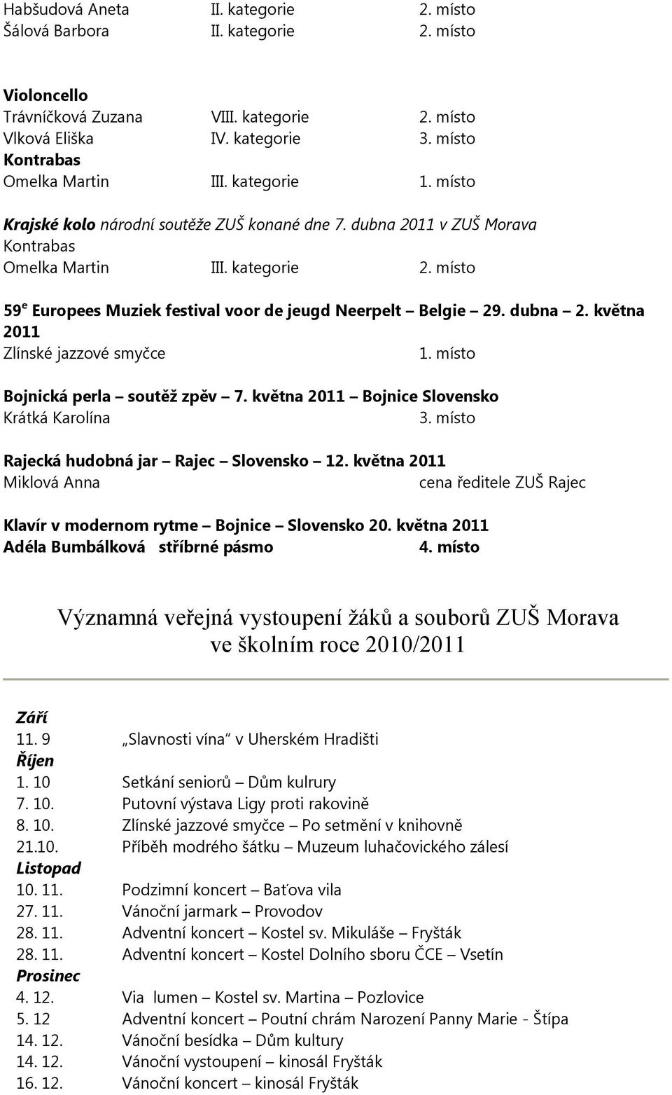 místo 59 e Europees Muziek festival voor de jeugd Neerpelt Belgie 29. dubna 2. května 2011 Zlínské jazzové smyčce 1. místo Bojnická perla soutěž zpěv 7.